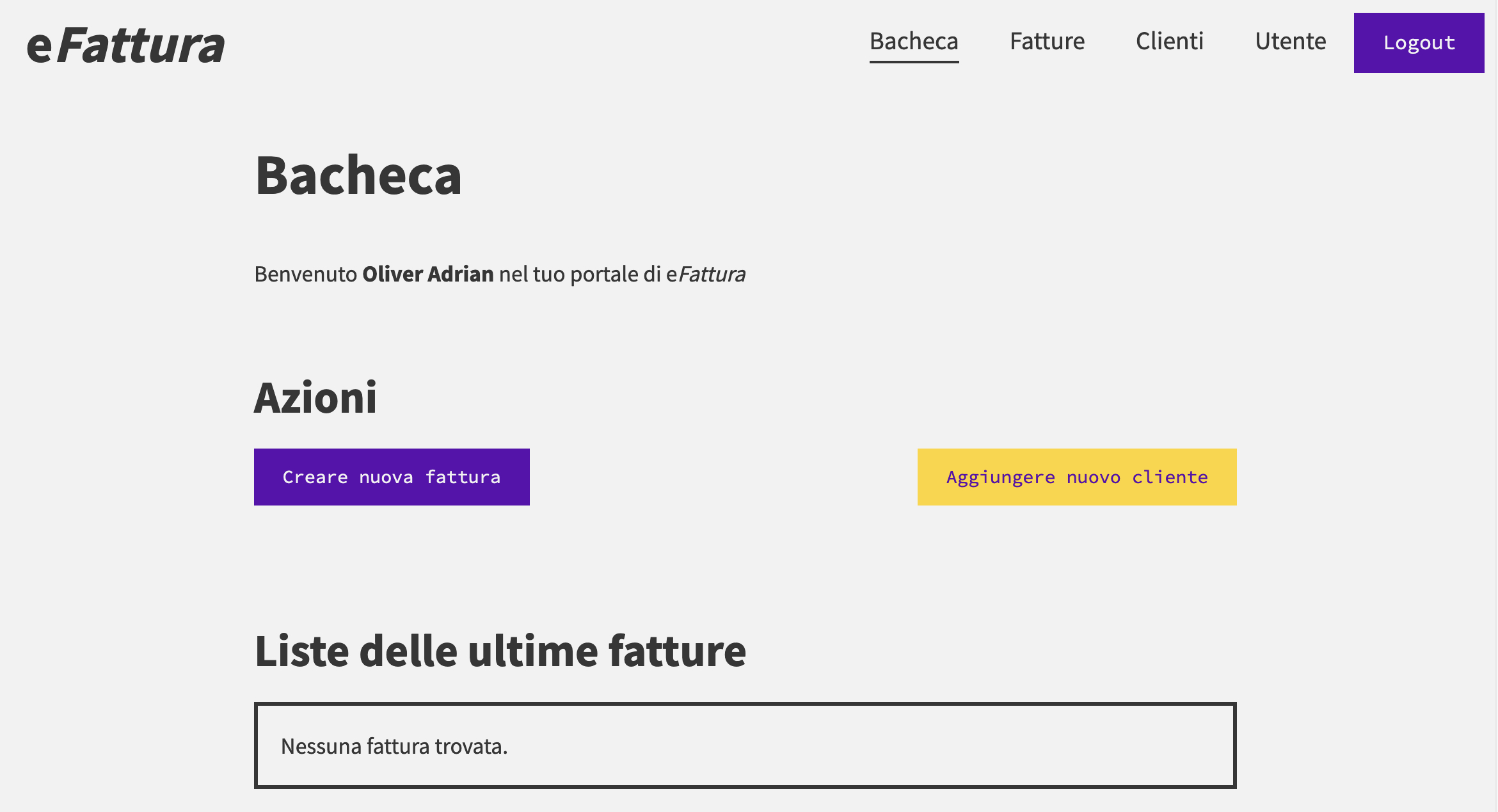 Screenshot of application eFattura